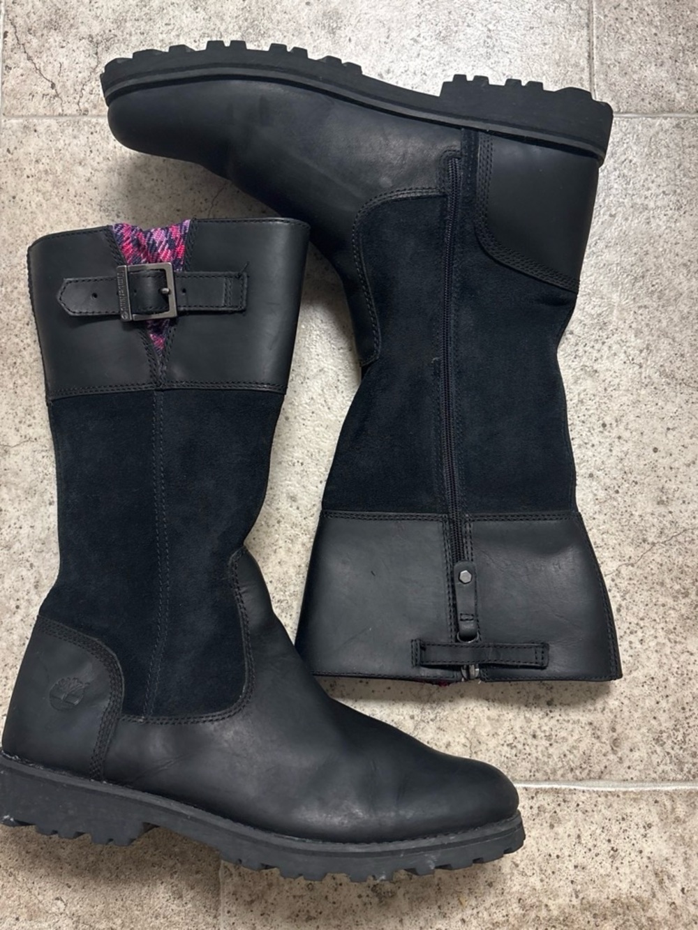 Timberland Black Leather & Suede Kids' Mid-Calf Boots with Pink Accent